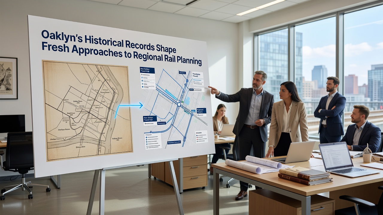 Planning team reviewing overlaid historical and current rail maps in a conference room setting