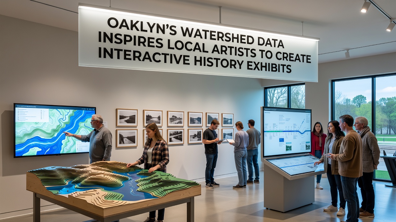 Interactive exhibit setup with visitors engaging watershed history displays in Oaklyn